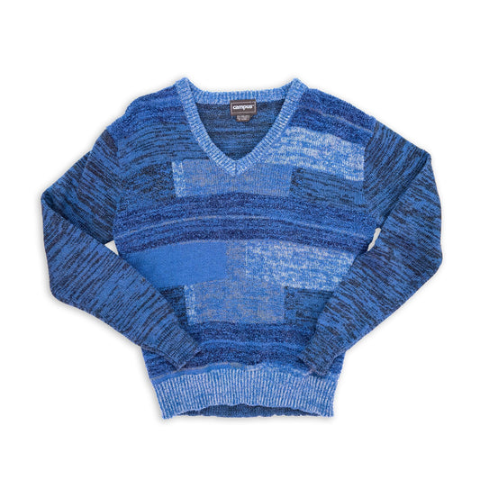 Vintage Blue Knit Color Block Campus V-Neck Sweater — Medium