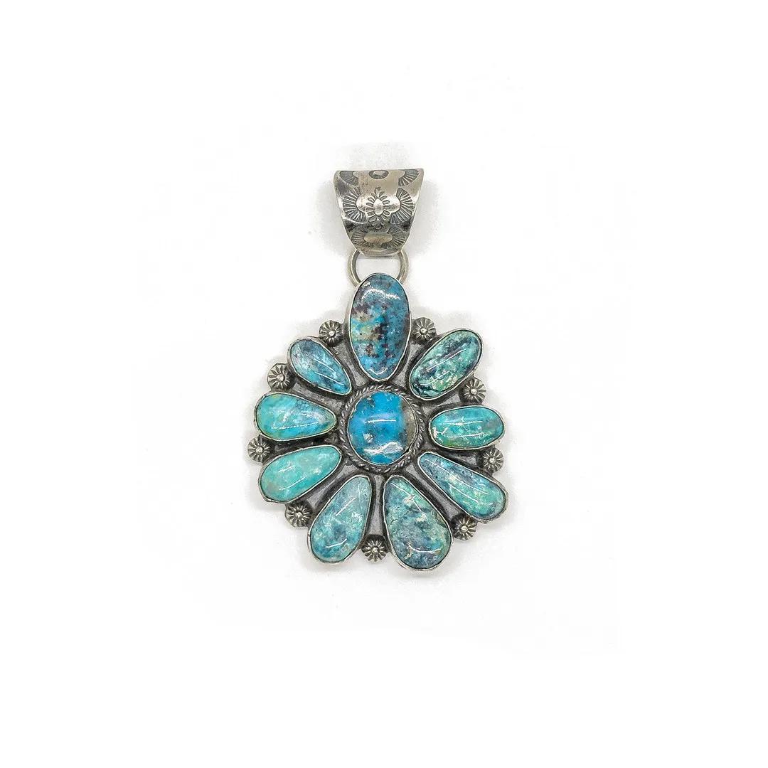 Navajo Sterling Silver Morenci Turquoise Cluster Pendent by T. Nez Sr.