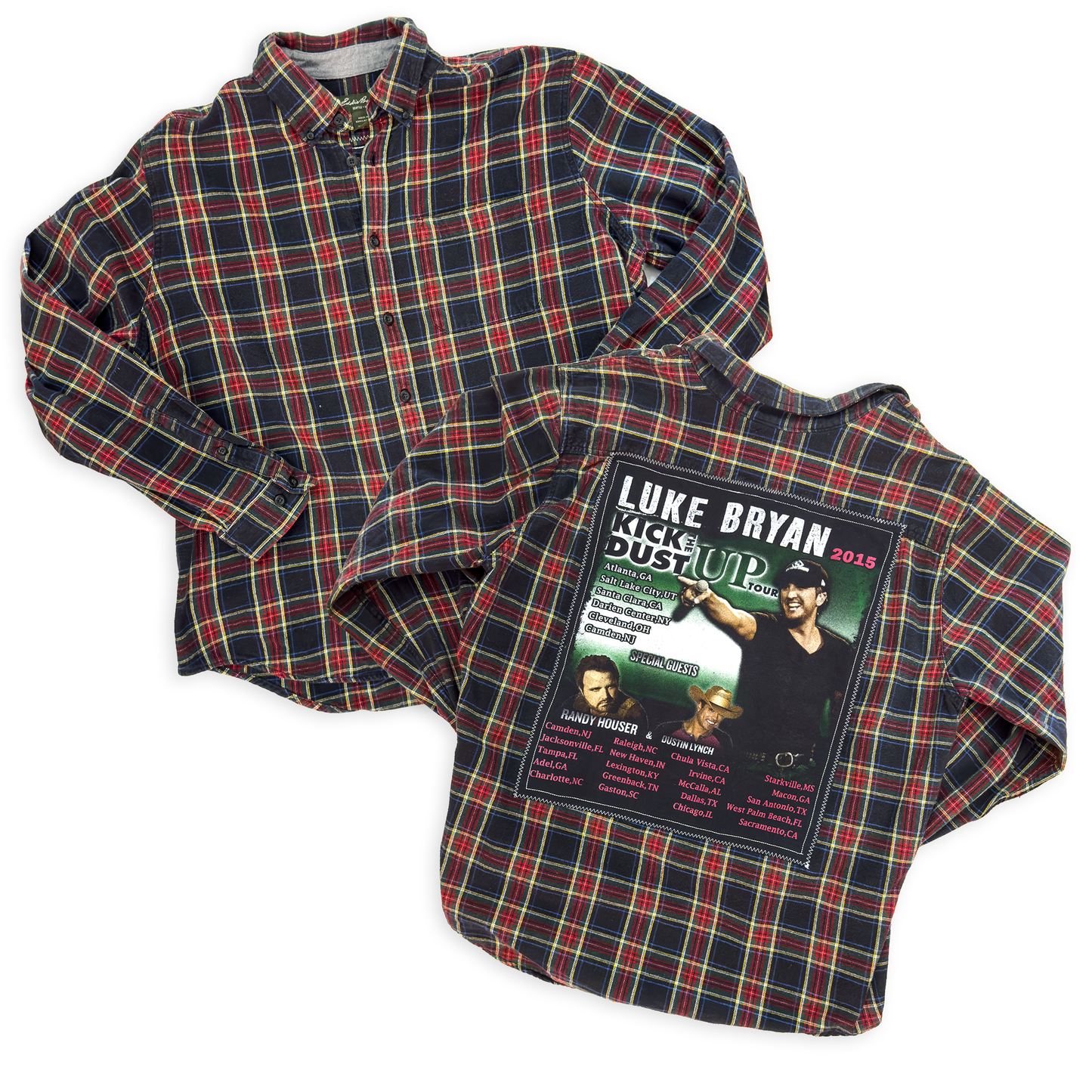 Vintage Eddie Bauer Upcycled Plaid Flannel with Luke Bryan "Kick The Dust Up 2015 Tour" Graphic Band Tee Patch