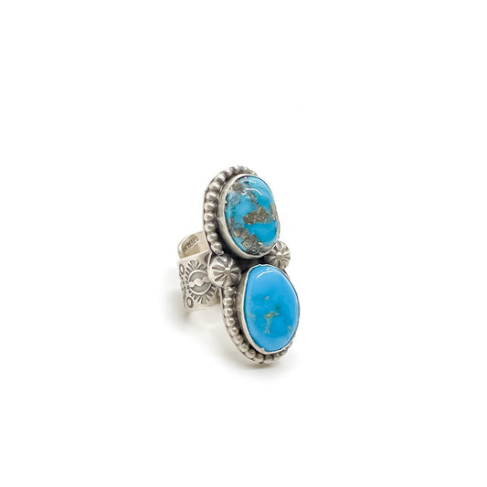 Navajo Morenci Turquoise Double Stone Sterling Silver Ring by BJA - Adjustable Size