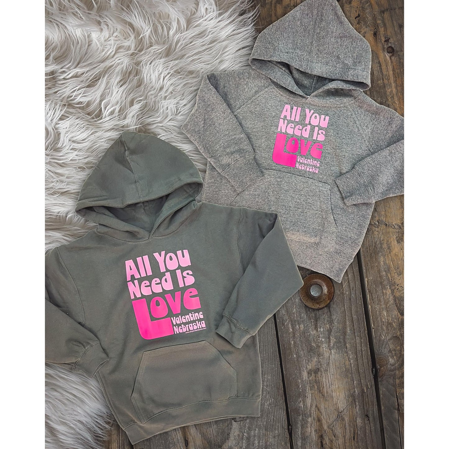 Toddler Heather Grey Retro "All You Need Is Love: Valentine, Nebraska" Graphic Hooded Sweatshirt