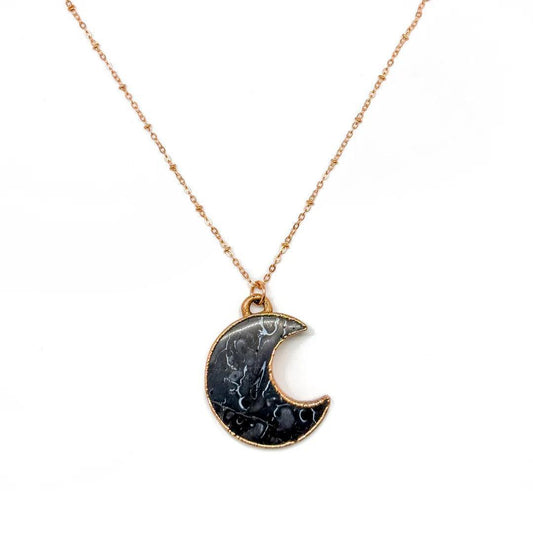 Electroformed Fossilized Palm Root Crescent Moon Copper Necklacem