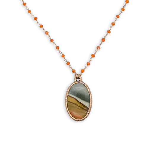 Oval Sandhills Picture Jasper Pendant Necklace on 18″ Citrine Beaded Copper Chain