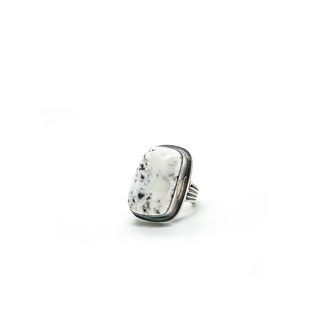 Navajo Sterling Silver White Buffalo Ring by Calvin - Size 8.75