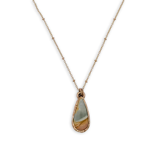 Petite Teardrop Sandhills Picture Jasper Pendant Necklace on 18″ Copper Chain