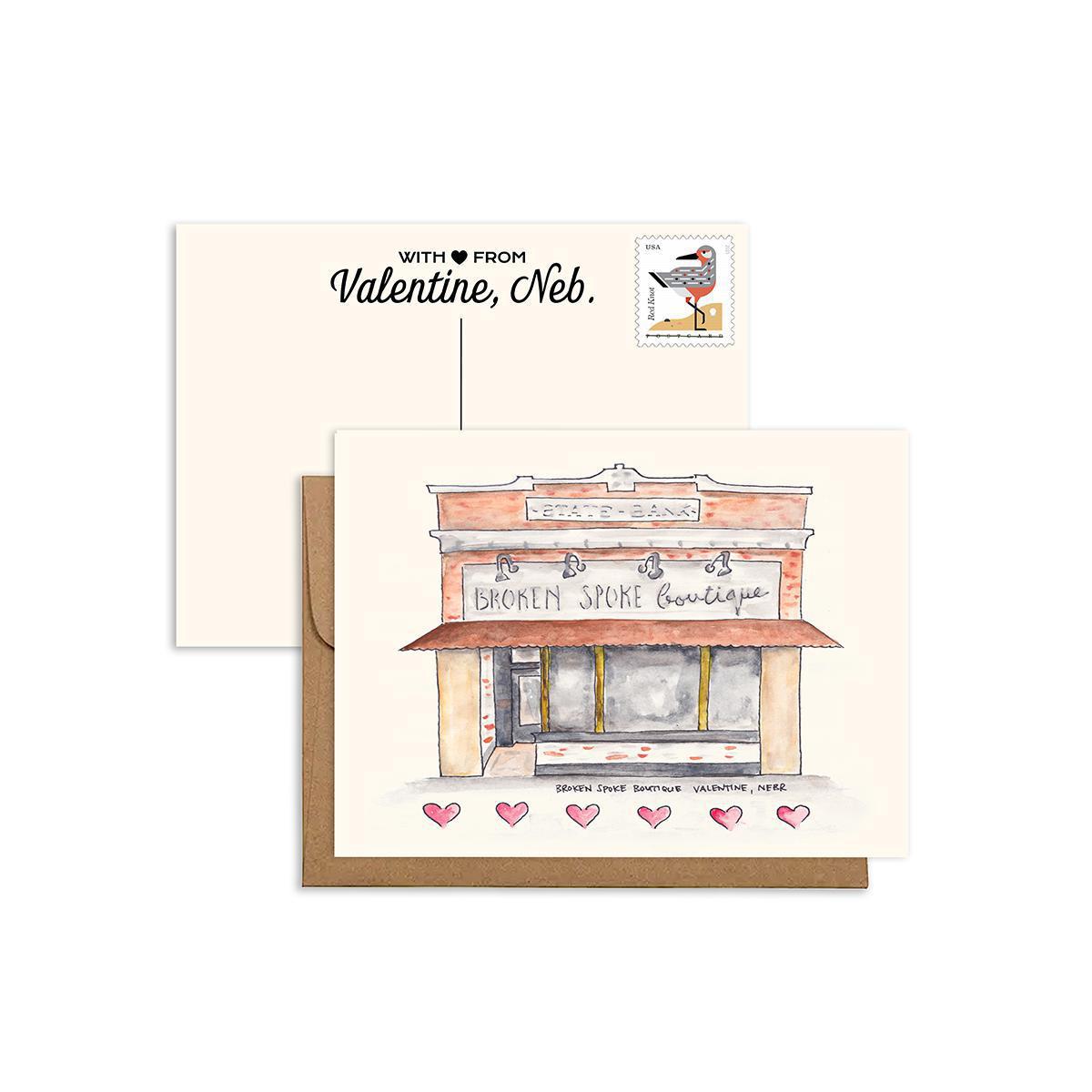 Watercolor "Broken Spoke Boutique" Valentine, Nebr Postcard/Greeting Card