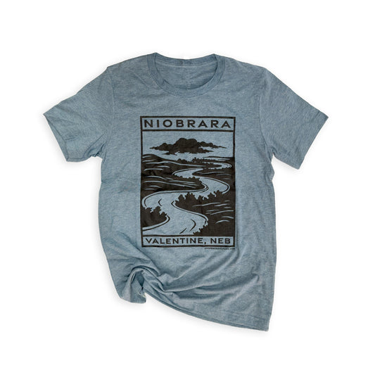 Denim Triblend “Nebraska Sandhills: Valentine, Neb” Block Print Style Graphic Tee