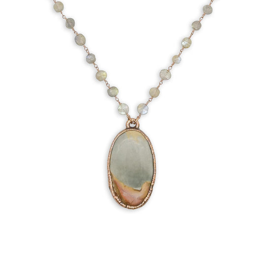 Oval Sandhills Picture Jasper Pendant Necklace on 18″ Labradorite Beaded Copper Chain