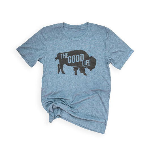 Denim Blue “The Good Life: Valentine, Neb" Bison Graphic Tee