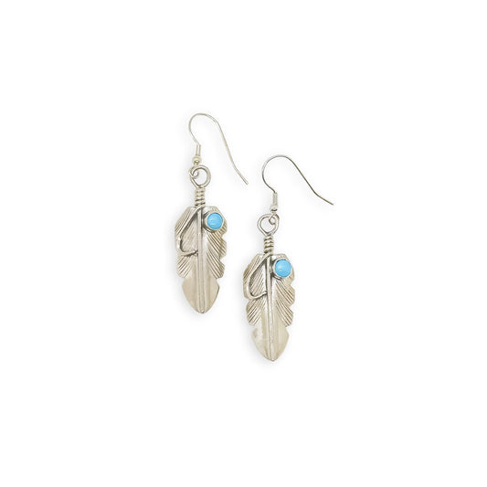 Navajo Sterling Silver Feather with Sleeping Beauty Turquoise Earrings