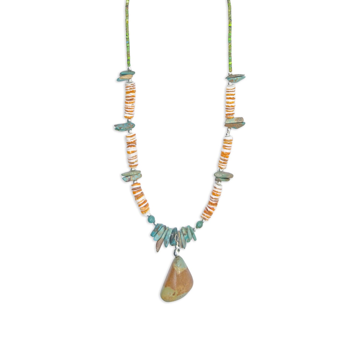 Sicangu Lakota Oyate Turquoise Pendent with Spiny Oyster and Turquoise Chip Accent Necklace