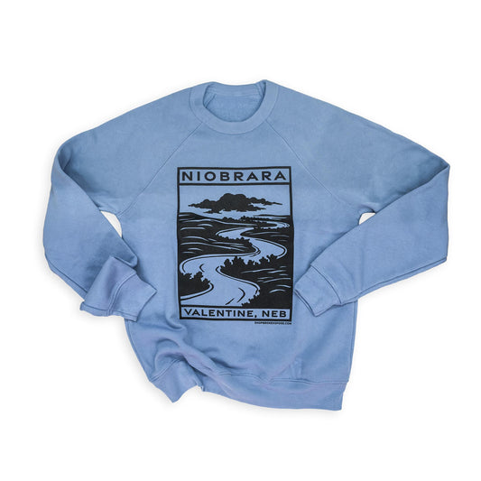Blue “Niobrara: Valentine, Neb” Block Print Style Graphic Sponge Fleece Sweatshirt