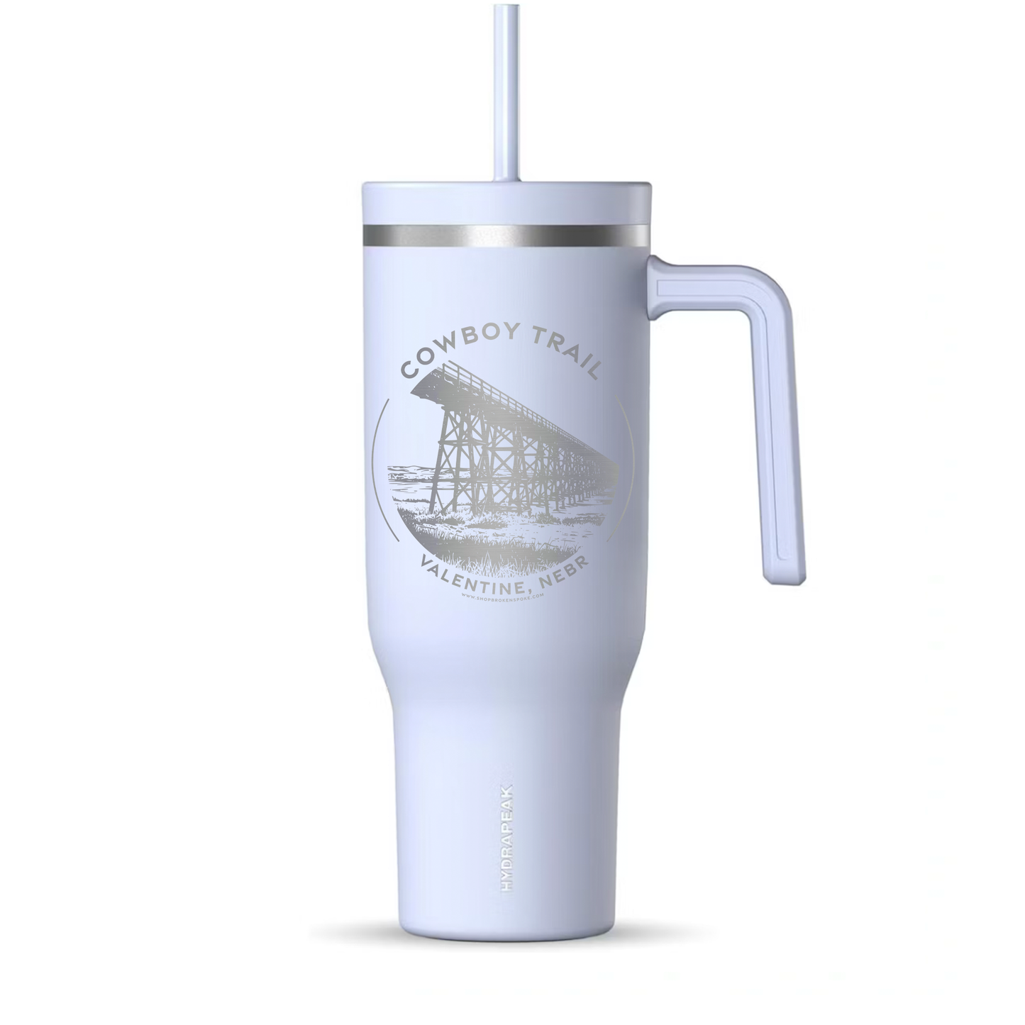 Ice Blue 40oz “Cowboy Trail: Valentine, Nebr” Railroad Bridge Etched Double Insulated Voyager Tumbler