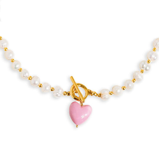 Wren Natural Pearl Necklace with Pink Heart Pendant and 18K Gold Plated Detail