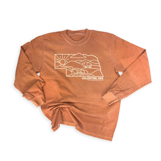 Yam “Valentine, Neb” Nebraska State Sandhills & Bison Garment-Dyed Heavyweight Long Sleeve Graphic Tee