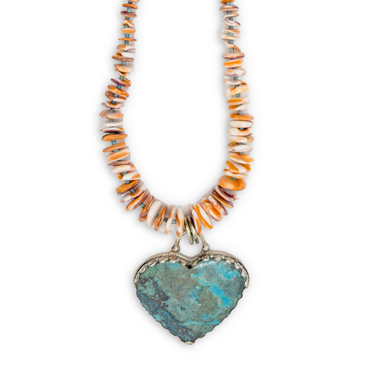 Sicangu Lakota Oyate Turquoise Heart Pendant Necklace with Spiny Oyster and Nevada Blue Turquoise Heishi Beads