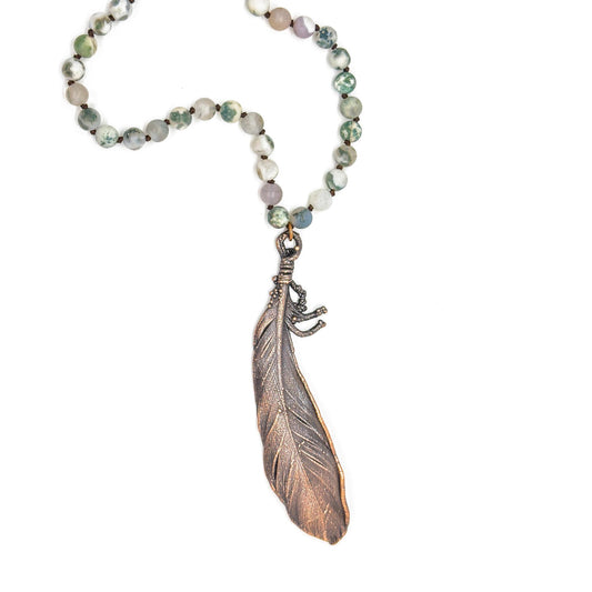 Electroformed Real Mallard Duck Feather Pendant Necklace on Jasper Beaded Chain