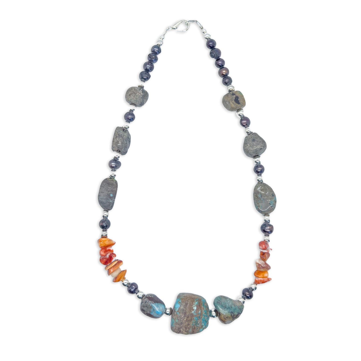 Sicangu Lakota Oyate Turquoise with Spiny Oyster, Pearl, and Sterling Silver Accent Necklace