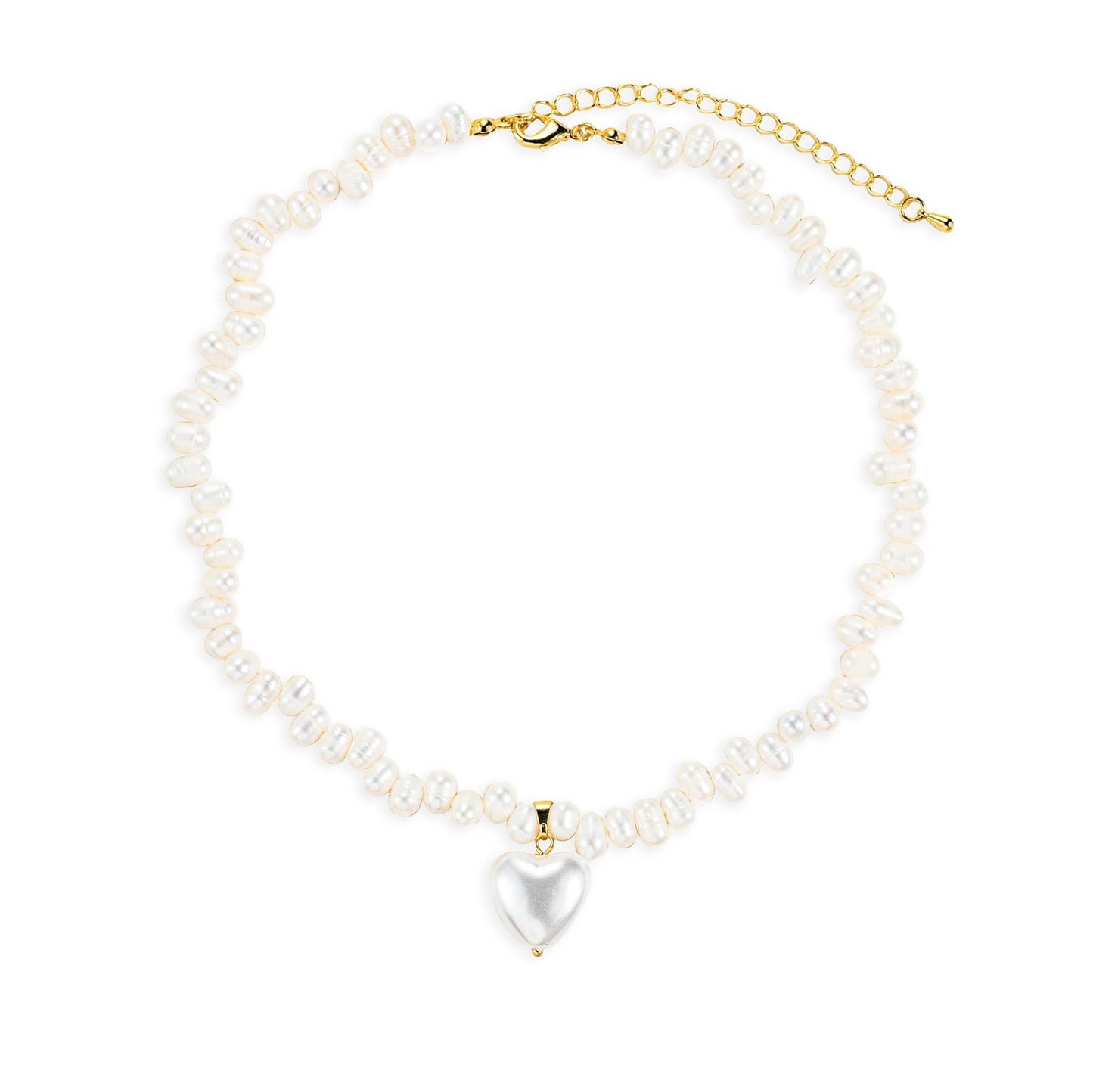 Agape Natural Pearl Choker Necklace with Pearl Heart Pendant and 18K Gold Plated Detail