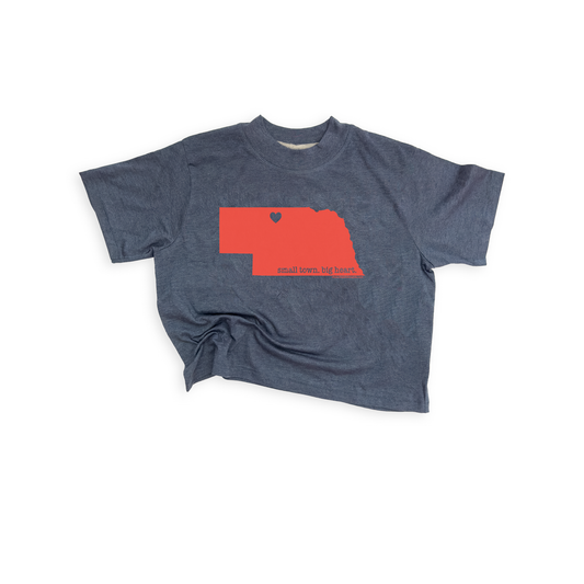 Dark Denim “Small Town. Big Heart.” Valentine, Nebraska State Women's Relaxed Boxy Graphic Tee