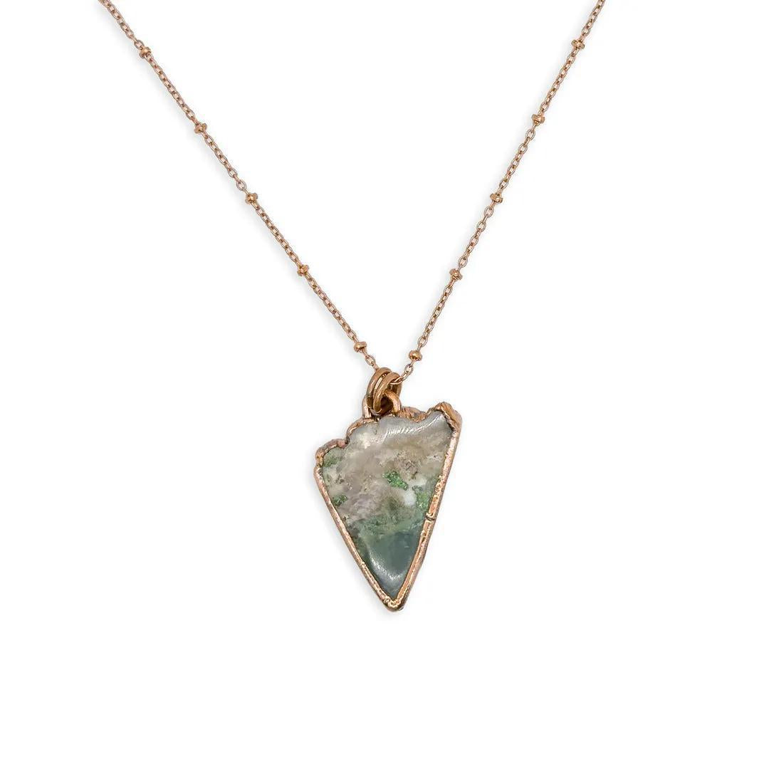 Electroformed Triangle Moss Agate Pendant Necklace on Copper Chain