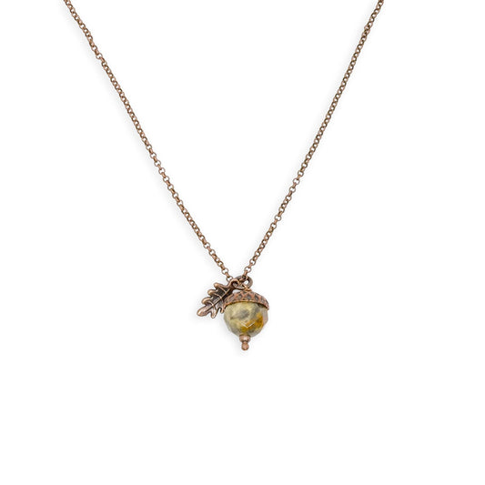 Crazy Lace Agate Acorn Pendant Necklace with Copper Leaf on 20″ Copper Chain