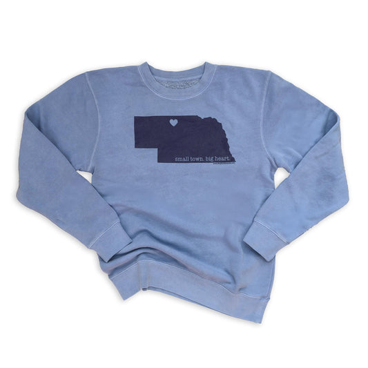 Clear Skies Blue “Small Town. Big Heart.” Valentine, Nebraska Graphic Midweight Pigment-Dyed Sweatshirt