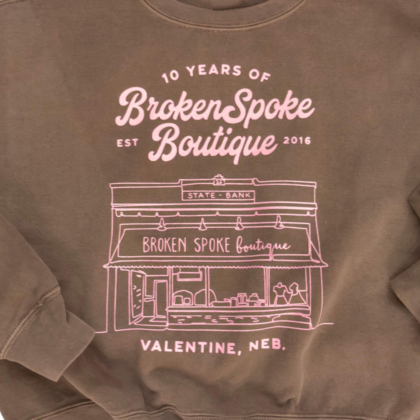 Garment-Dyed Espresso “Broken Spoke Boutique: Ten Years" Anniversary Store Front Mid-Crop Graphic Sweatshirt
