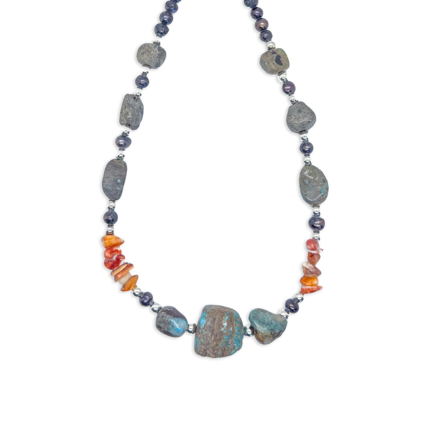 Sicangu Lakota Oyate Turquoise with Spiny Oyster, Pearl, and Sterling Silver Accent Necklace