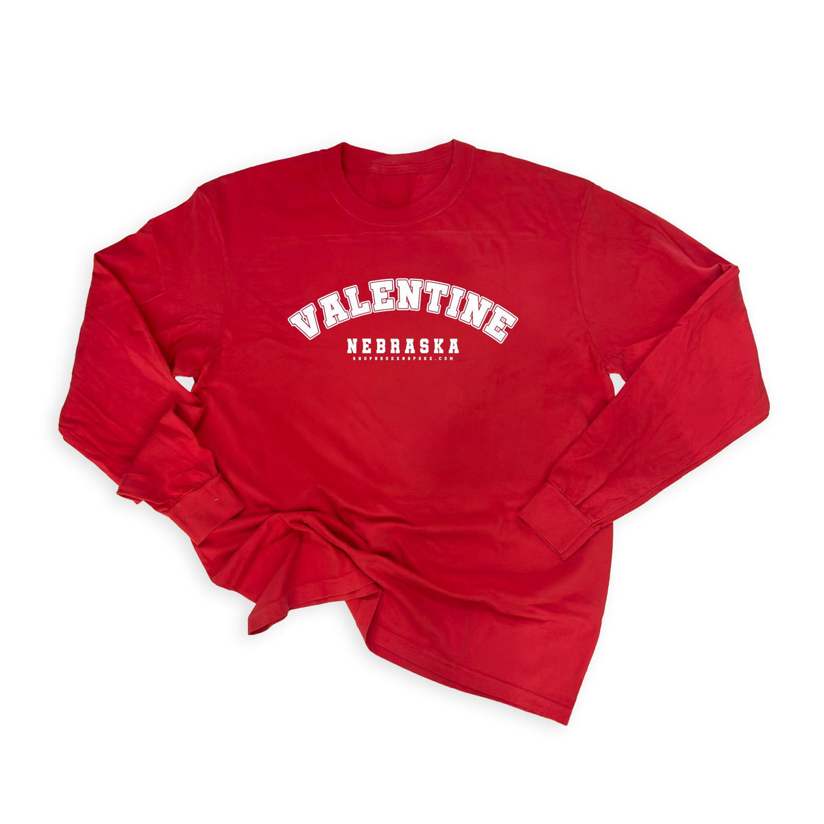 Red "Valentine, Nebraska" Varsity Garment-Dyed Heavyweight Long Sleeve Graphic Tee