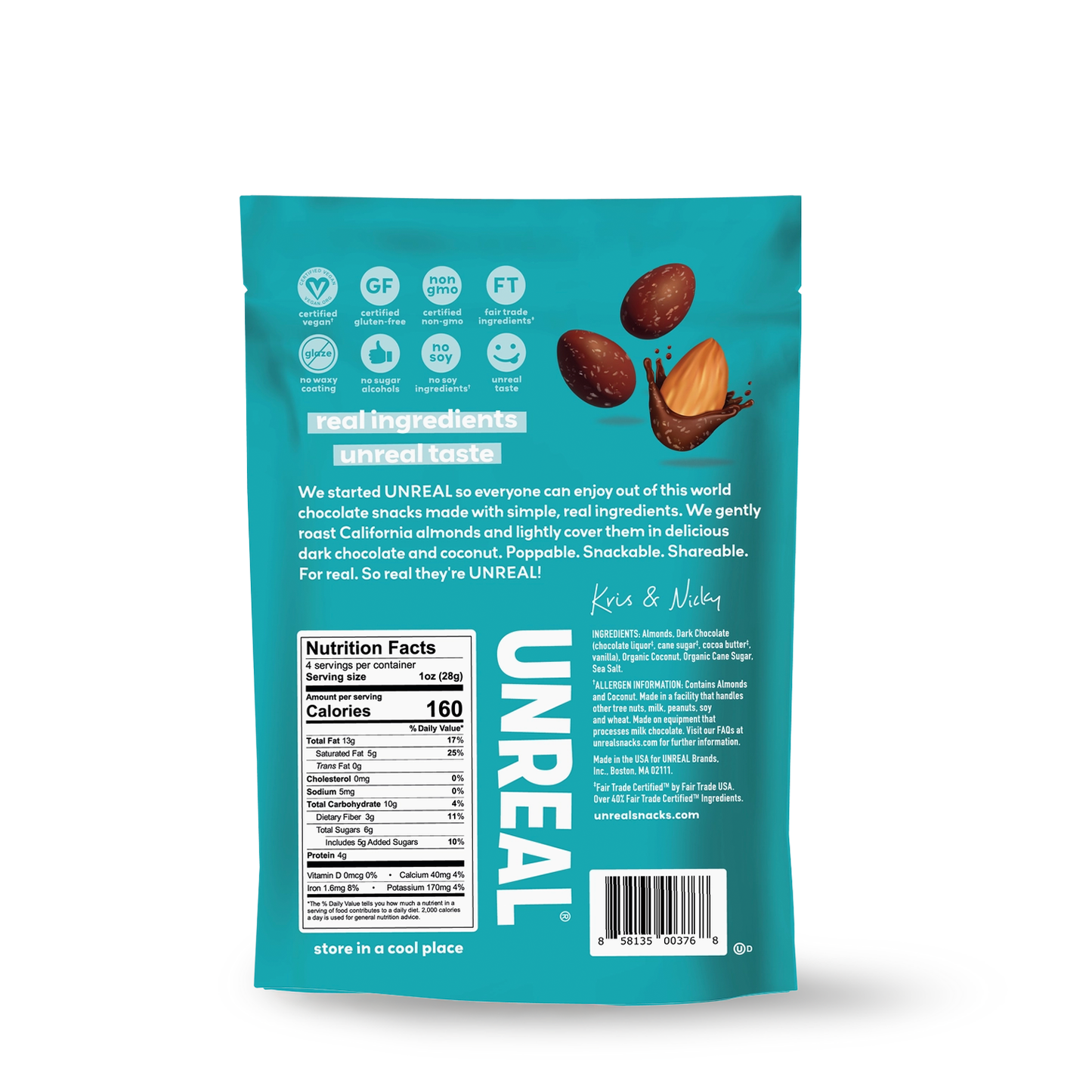 Unreal Dark Chocolate Coconut Covered Almonds - Less Sugar, Made with Fair Trade Ingredients