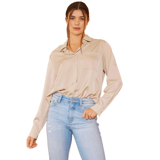 Wynonna Champagne Satin Button Up Blouse