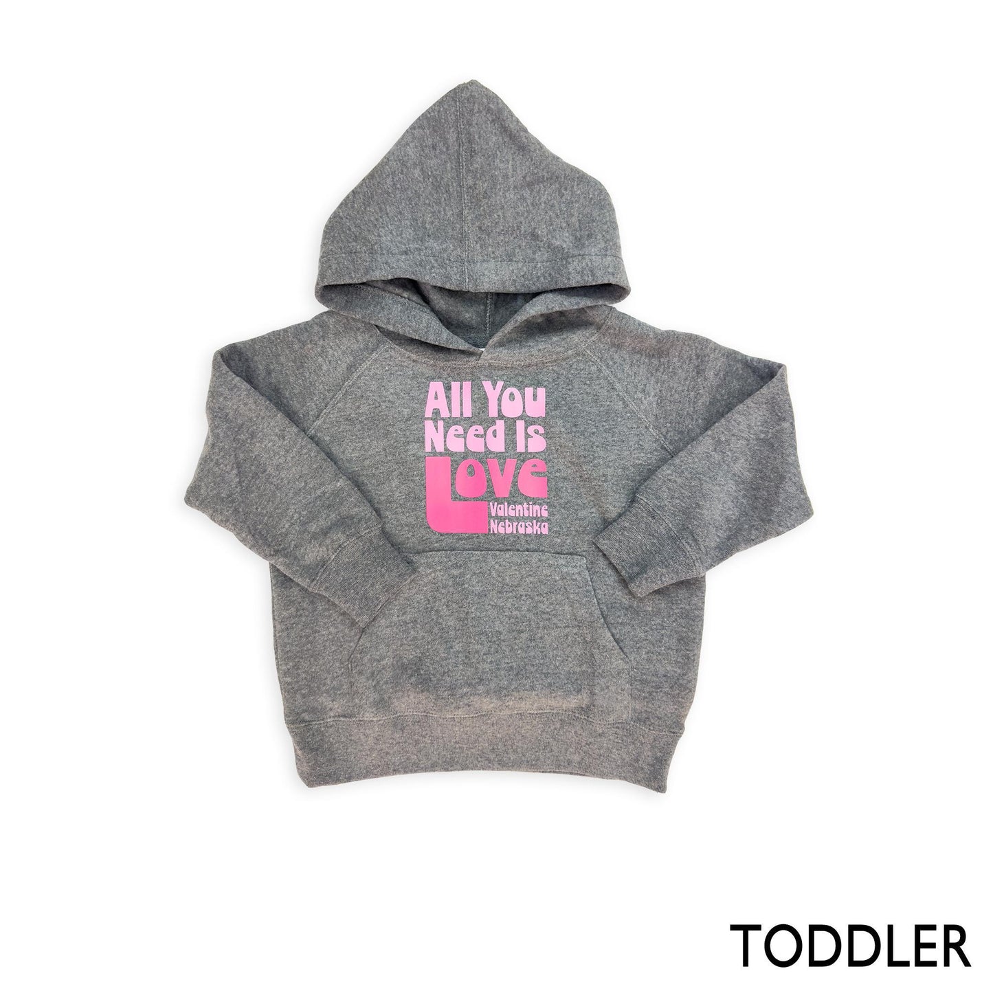 Toddler Heather Grey Retro "All You Need Is Love: Valentine, Nebraska" Graphic Hooded Sweatshirt