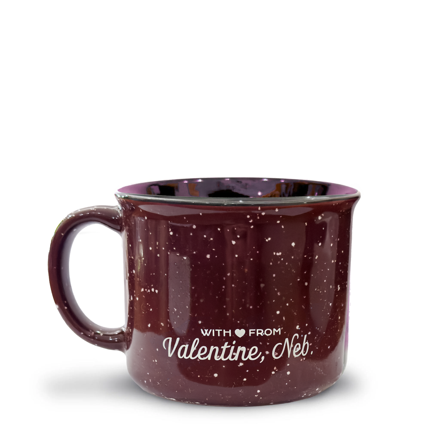 15oz Maroon Speckled “Small Town. Big Heart.” Valentine, Nebraska Campfire Ceramic Mug in White