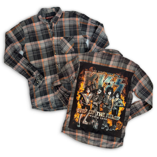 Vintage North Point Upcycled Plaid Flannel with KISS "End of the Road World Tour" Band Tee Patch