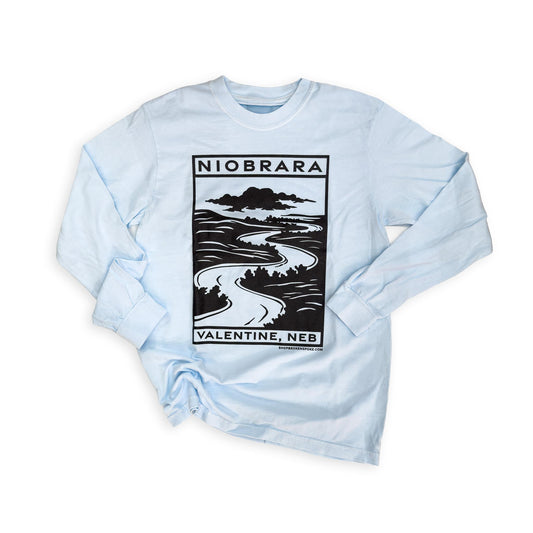 Light Blue “Nebraska Sandhills: Valentine, Neb” Garment-Dyed Heavyweight Long Sleeve Block Print Style Graphic Tee