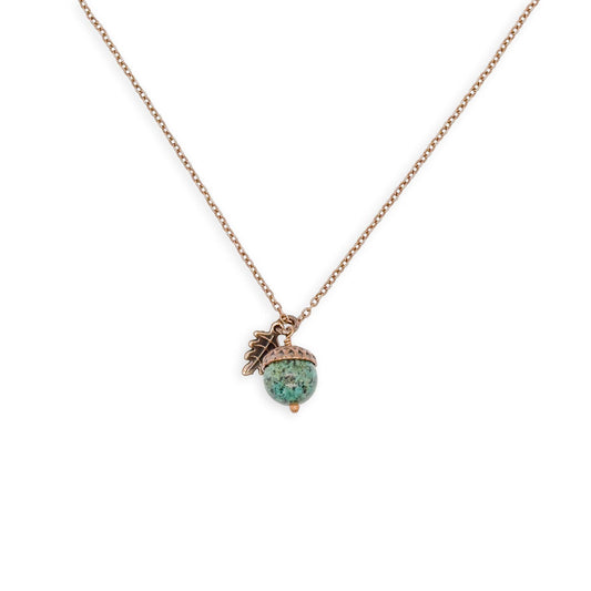 African Turquoise Acorn Pendant Necklace with Copper Leaf on 20″ Copper Chain