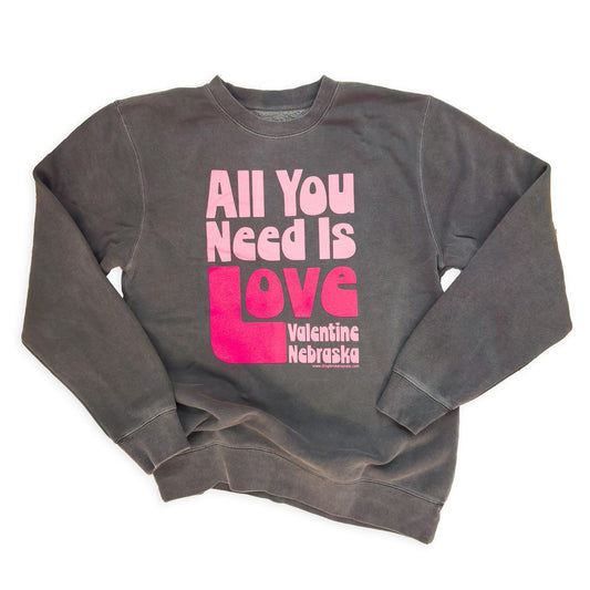 Pigment Dyed Black Retro "All You Need Is Love: Valentine, Nebraska" Midweight Graphic Sweatshirt