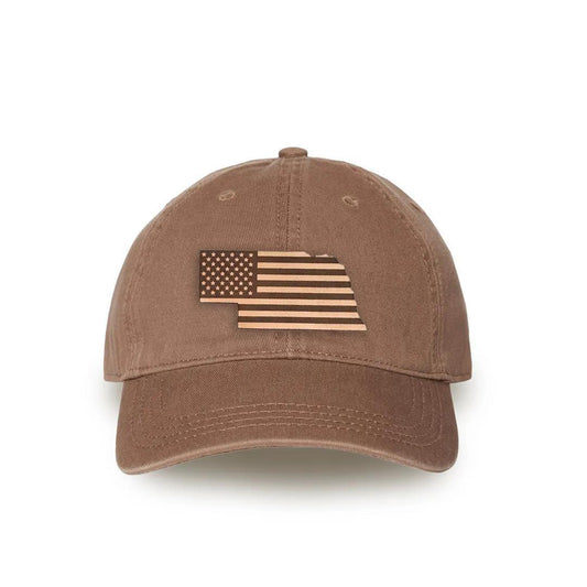 Brown Relaxed Golf Dad Hat with Nebraska State US Flag Natural Leather Patch