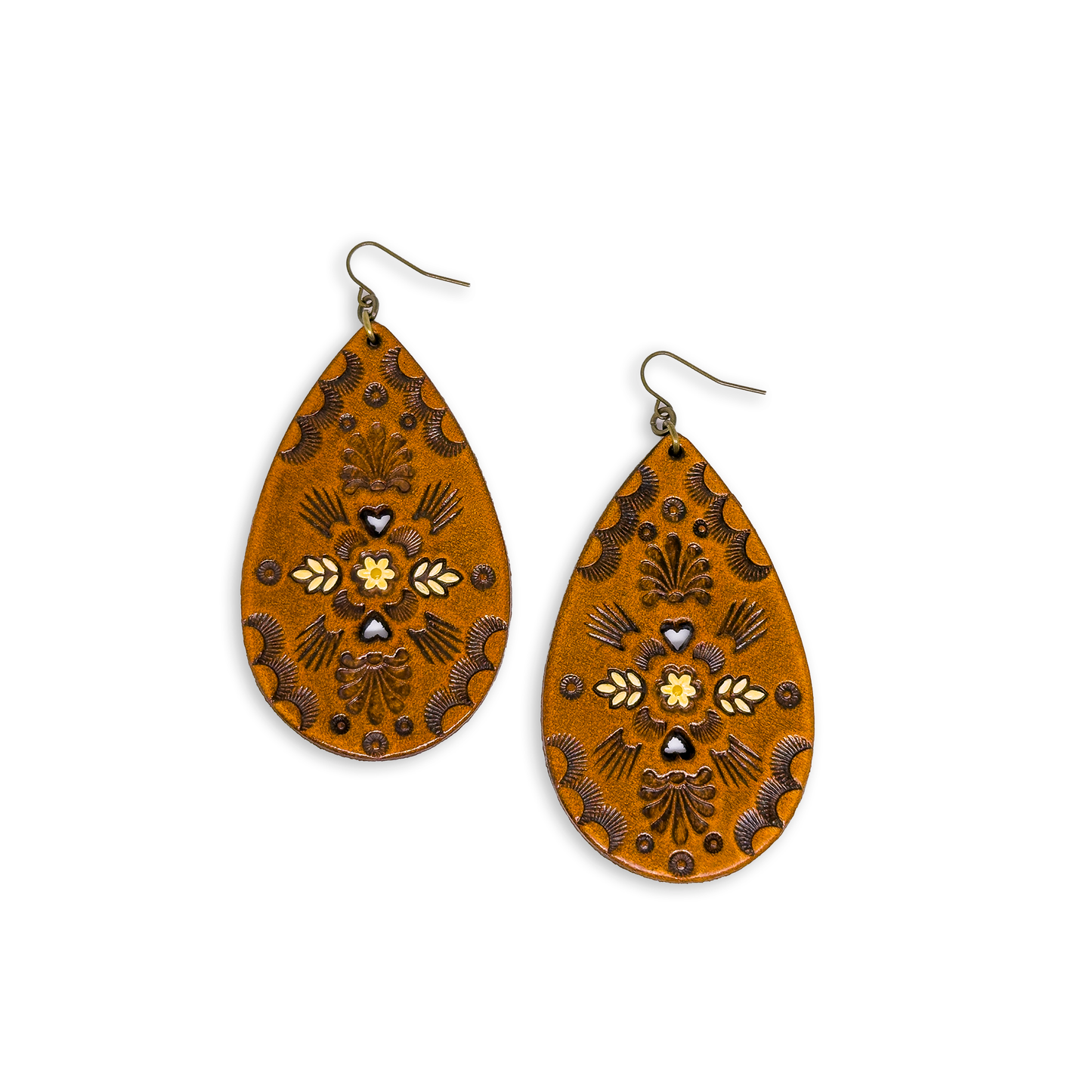 Tan Hand-Tooled Full Grain Leather Teardrop Boho Earrings