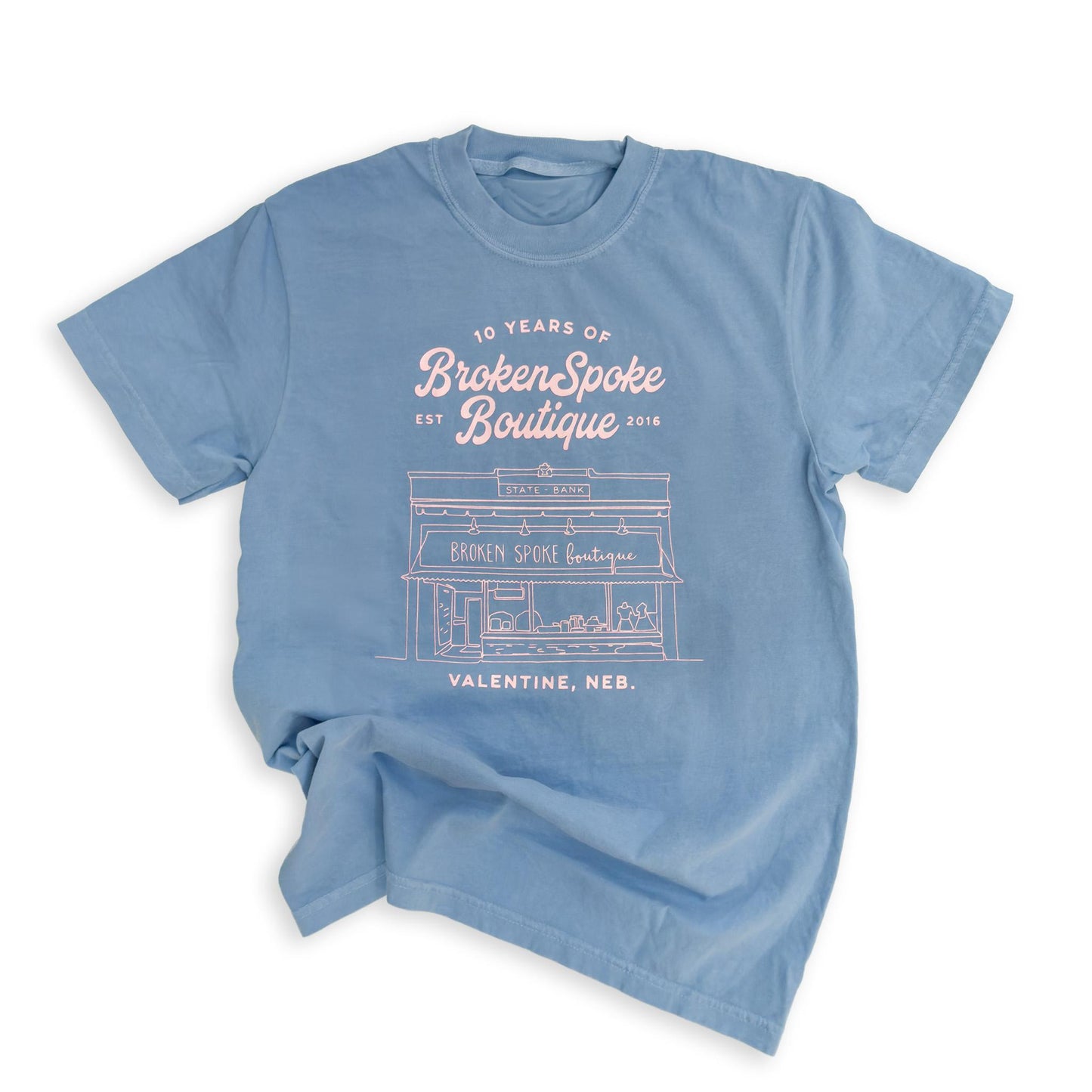 Garment Dyed Washed Denim “Broken Spoke Boutique: Ten Years" Anniversary Store Front Heavyweight Graphic Tee
