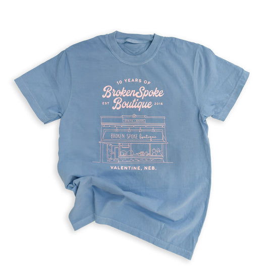 Garment Dyed Washed Denim “Broken Spoke Boutique: Ten Years" Anniversary Store Front Heavyweight Graphic Tee