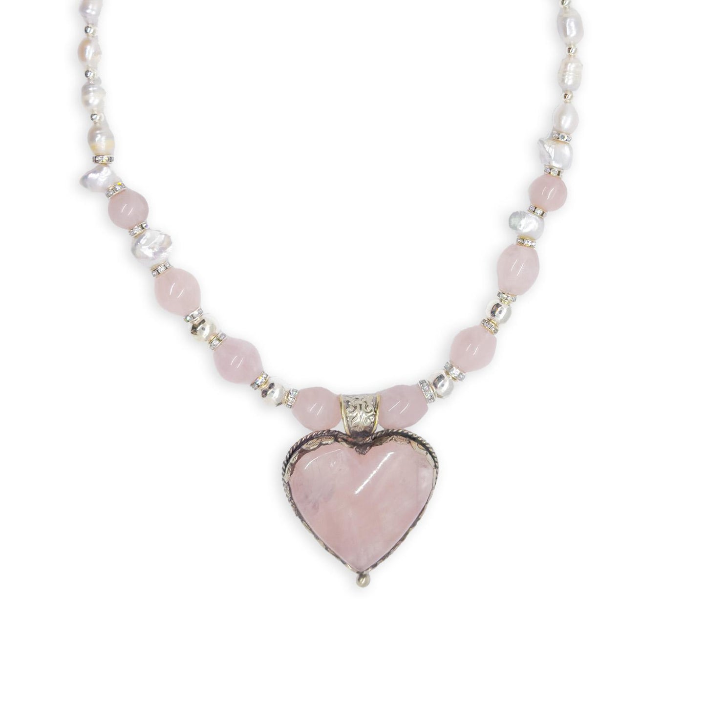 Sicangu Lakota Oyate Sterling Silver Pink Quartz Heart Necklace with Swarovski Crystals and Pearl Accent