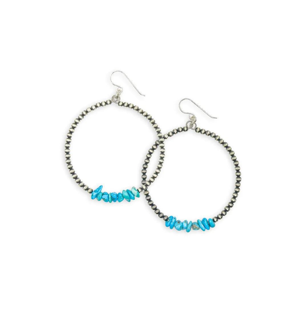 Navajo Sterling Silver Pearls with Sleeping Beauty Turquoise Chips Hoop Earrings