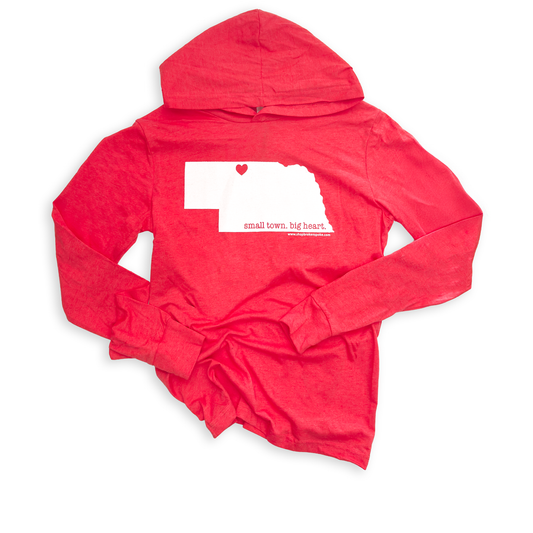 Heather Red “Small Town. Big Heart.” Valentine Nebraska Hooded Long Sleeve Graphic Tee