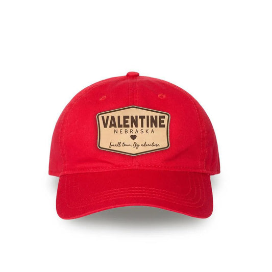 Red Relaxed Golf Dad Hat with "Valentine Nebraska" Sign Natural Leather Patch