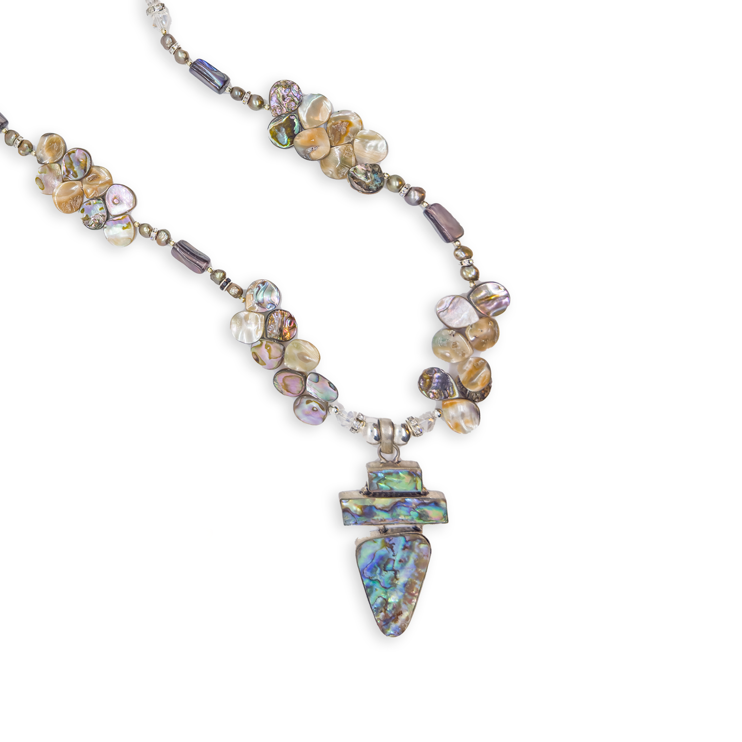 Sicangu Lakota Oyate Abalone, Pearl, Swarovski Crystal, and Leather Sterling Silver Pendant Necklace