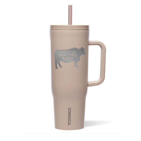 Sandstone 40oz “I Want ‘Em Real Thick and Juicy” Angus Bull Valentine, Neb Etched Triple Insulated Cruiser Tumbler