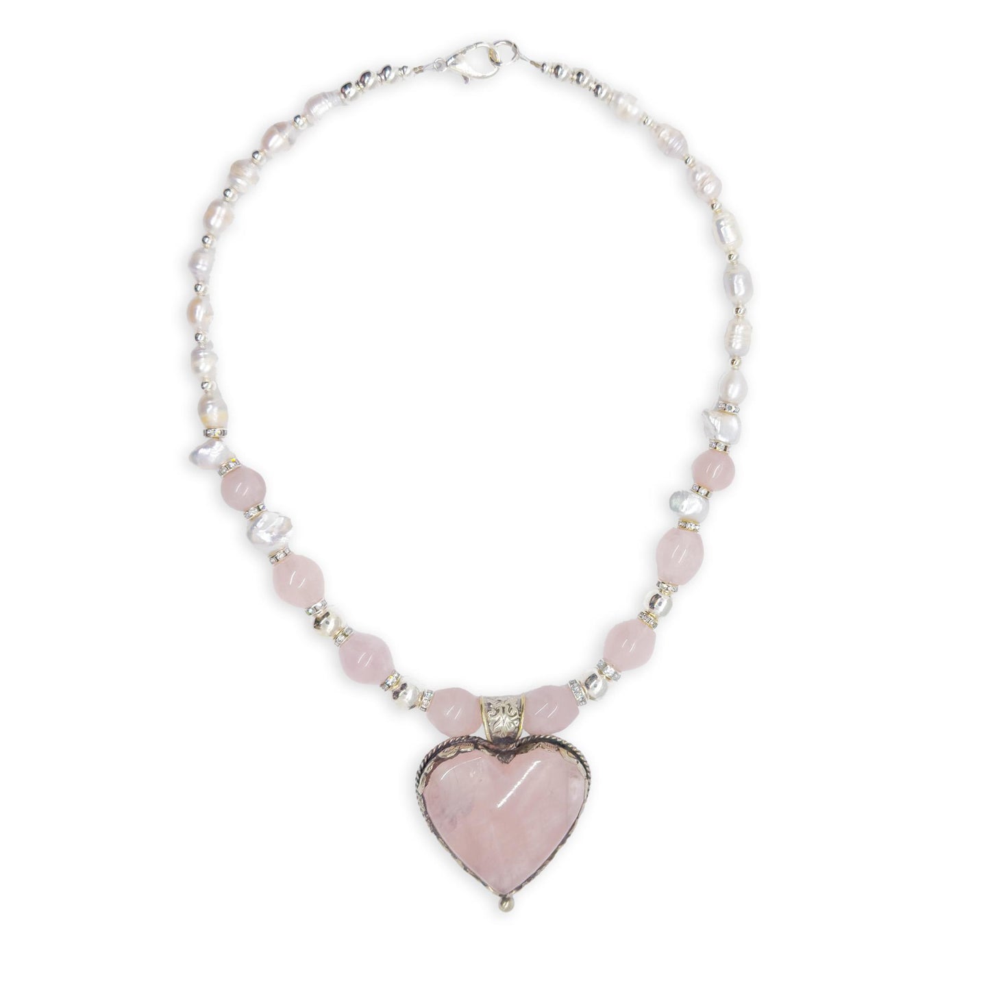 Sicangu Lakota Oyate Sterling Silver Pink Quartz Heart Necklace with Swarovski Crystals and Pearl Accent