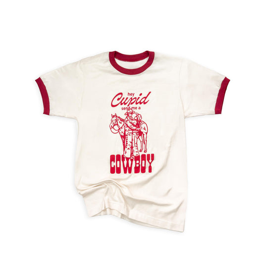 Natural with Red "Hey Cupid, Send Me A Cowboy" Valentine's Day Graphic Ringer Tee